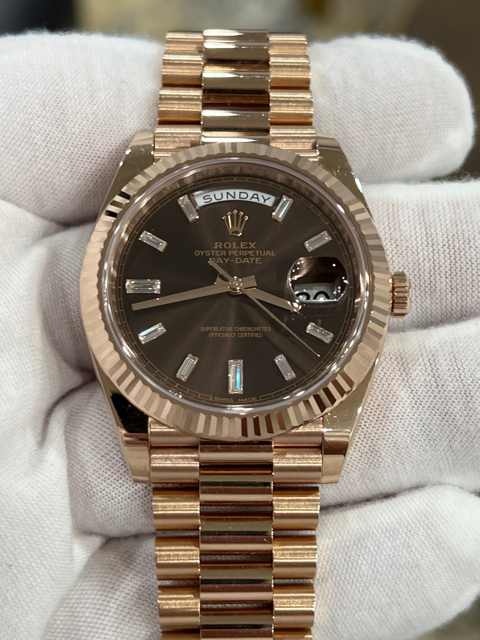 ROLEX DAY-DATE 40 CHOCOLATE DIAL BAGUETTES 228235